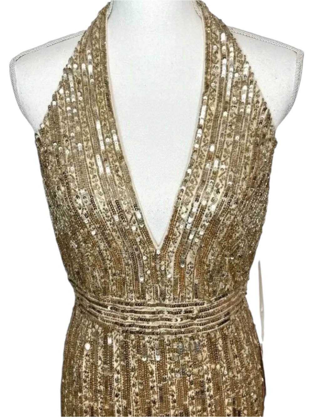 Mac Duggal 5759 Sequined
Halter Strap Trumpet
Gown Nude Gold Size 12 NWT - Picture 4 of 11